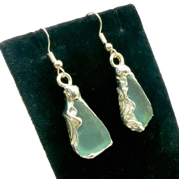 Handmade Sea Glass Earrings With Artisan Silver Blend Cabochons & 925 Hooks - Picture 5 of 13